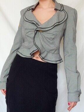 Fornarina Black and White Houndstooth Ruffled Tailored Blazer